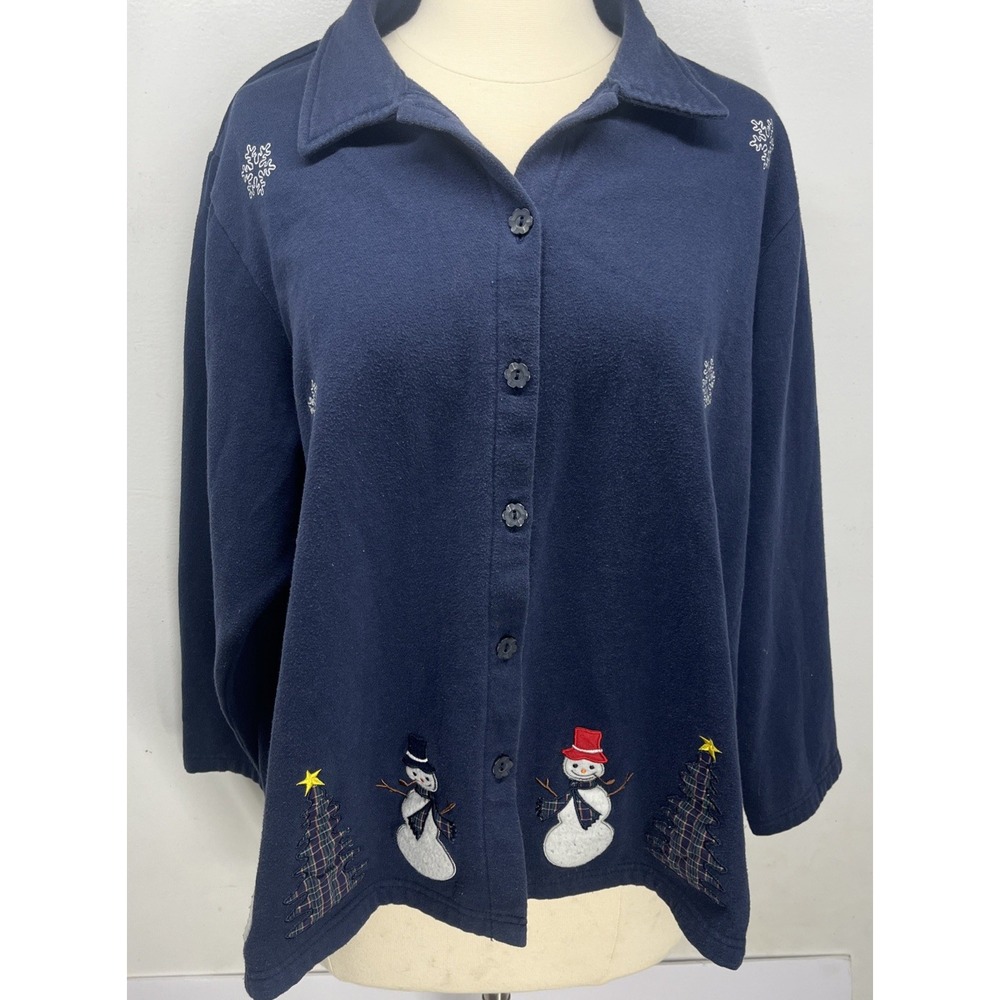Vintage Christmas Sweater- Blue Fleece Embroidered Snowman Grandma, Women's 2X